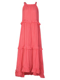 Momnfancy Pink Ruffle Girl Baby Shower Sleeveless Flowy Maternity Maxi Tiered Dress