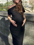 Momnfancy Black Off Shoulder Oblique Shoulder Baby Shower Bodycon Maternity Midi Dress