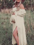 Momnfancy Apricot Off Shoulder Ruffle Slit Flowy Photoshoot Maternity Maxi Dress