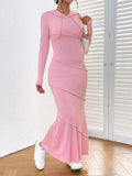 Momnfancy Pink Fishtail Girl Baby Shower Hooded Long Sleeve Bodycon Maternity Maxi Dress