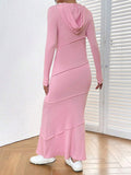 Momnfancy Pink Fishtail Girl Baby Shower Hooded Long Sleeve Bodycon Maternity Maxi Dress