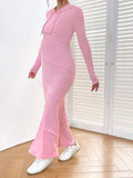 Momnfancy Pink Fishtail Girl Baby Shower Hooded Long Sleeve Bodycon Maternity Maxi Dress