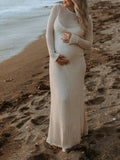 Momnfancy Apricot Cut Out Long Sleeve Photoshoot Crochet Maternity Maxi Dress