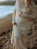 Momnfancy Apricot Cut Out Long Sleeve Photoshoot Crochet Maternity Maxi Dress