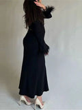 Momnfancy Black Feather Flare Sleeve Baby Shower Party Maternity Maxi Dress