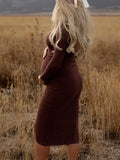 Momnfancy Coffee Turndown Collar Baby Shower Party Autumn Winter Knitted Maternity Midi Dress