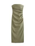 Momnfancy Light Khaki Off Shoulder Bandeau Shirred Baby Shower Party Maternity Midi Dress