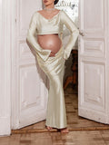 Momnfancy 2-in-1 Off Shoulder Bodycon Photoshoot Party Satin Maternity Maxi Dress