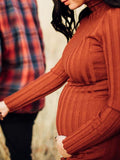 Momnfancy Orange Knitting Long Sleeve Bodycon Photoshoot Sweater Maternity Midi Dress