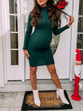 Momnfancy Blackish Green Knitting High Neck Bodycon Baby Shower Maternity Midi Dress