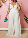 Momnfancy White Chiffon Backless Deep V-neck Baby Shower Maternity Wide Leg Long Jumpsuit