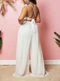 Momnfancy White Chiffon Backless Deep V-neck Baby Shower Maternity Wide Leg Long Jumpsuit