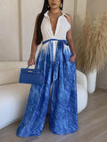 Momnfancy Tie Dye Belt Turndown Collar Fashion Plus Size Maternity Wide Leg Long Jumpsuit