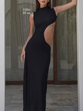 Momnfancy Black Mock Neck Cutout Tank Sleeveless Sundress Baby Shower Maternity Maxi Dress