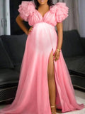 Momnfancy Ruffle Tulle Slit V-neck Photoshoot Plus Size Maternity Maxi Dress