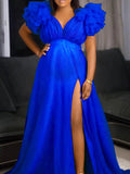 Momnfancy Ruffle Tulle Slit V-neck Photoshoot Plus Size Maternity Maxi Dress