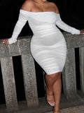 Momnfancy White Ruched Off Shoulder Bodycon Long Sleeve Baby Shower Maternity Mini Dress