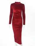 Momnfancy Velvet High Slit Ruched High Neck Photoshoot Party Maternity Maxi Dress