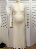 Momnfancy Apricot Cut Out Long Sleeve Photoshoot Crochet Maternity Maxi Dress