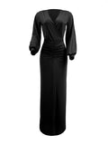 Momnfancy Black Shirred Ruched Slit Long Train Gown Photoshoot Party Wrap Maternity Maxi Dress