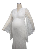 Momnfancy White Lace Mermaid V-neck Flare Sleeve Wedding Gown Elegant Maternity Photoshoot Maxi Dress