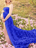 Momnfancy Lace Slit Bandeau Photoshoot Maternity Maxi Dress