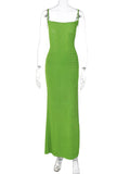 Momnfancy Green Spaghetti Strap Backless Slit Tie Back Baby Shower Party Maternity Slip Dress