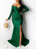 Momnfancy Off Shoulder Fitted Slit V-neck Evening Gown Mermaid Formal Baby Shower Maternity Maxi Dress