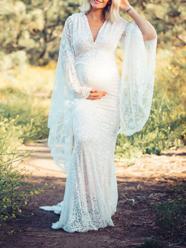 Momnfancy White Lace Mermaid V-neck Flare Sleeve Wedding Gown Elegant  Maternity Photoshoot Maxi Dress – momnfancy