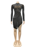 Momnfancy Black Mesh Rhinestone Pearl Tassel Irregular Sheer Bodycon Photoshoot Maternity Mini Dress