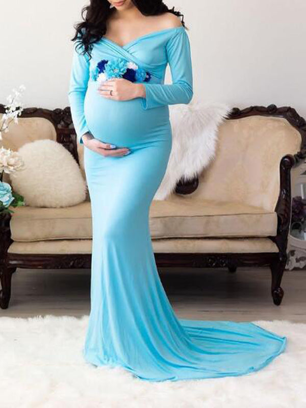 Off Shoulder Mermaid Maternity Dress For Photoshoot Elegant Stretch Fabric  Pregnancy Gown For Baby Shower, Photography From Dp02, $26.45