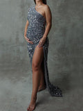 Momnfancy Silver Ruched One Shoulder Side Slit Photoshoot Photography Bodycon Pregnancy Maternity Maxi Dress