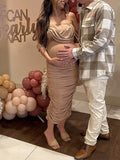 Momnfancy Khaki Ruched Off Shoulder Belly Friendly Baby Shower Bodycon Maternity Midi Dress