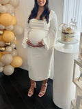 Momnfancy Elegant White Bodycon Square Neck Basic Cocktail Maternity Babyshower Maxi Dress