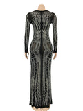 Momnfancy Black Mesh Rhinestone Sheer V-neck Long Sleeve Bodycon Photoshoot Maternity Maxi Dress