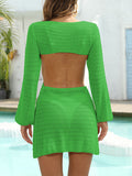 Momnfancy Green Cut Out Backless Lantern Sleeve Beach Cover Up Fashion Maternity Mini Dress