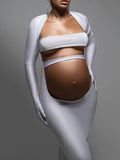 Momnfancy White Two Peice Irregular Cut Out Crop Square Neck Bodycon 2-in-1 Chic Maternity Photoshoot Maxi Dress