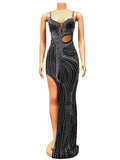 Momnfancy Spaghetti Strap Side Slit Hot Drilling Mesh Photoshoot Formal Maternity Maxi Dress