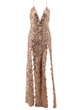 Momnfancy Beige Sequin High Slit Backless Elegant Evening Gown Photoshoot Maternity Maxi Dress