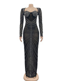 Momnfancy Black Mesh Rhinestone Backless Mermaid Evening Gown Elegant Maternity Club Photoshoot Maxi Dress