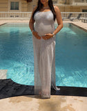 Momnfancy Spaghetti Strap Cut Out Backless Slits On Both Sides Sheer Photoshoot Maternity Maxi Dress