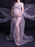 Momnfancy Photoshoot Grenadine Tulle Flowy Sleeveless Maternity Maxi Dress