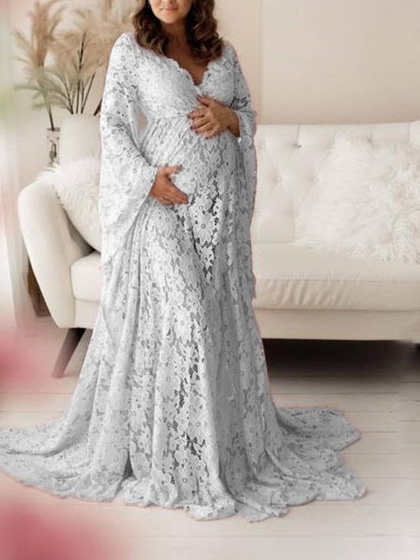 Momnfancy White Lace V-Neck Long Sleeve Photoshoot Maternity Maxi Dress –  momnfancy