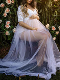 Momnfancy Lace Short Sleeve Front Slit Tulle Big Swing Sheer Photoshoot Maternity Maxi Dress