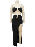 Momnfancy Black 2-in-1 Bandeau Irregular Side Slit Bodycon Photoshoot Party Club Fashion Maternity Maxi Dress