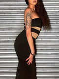 Momnfancy Black Bandeau Off Shoulder Backless Mesh Splicing Bodycon Chic Going Out Maternity Maxi Dress