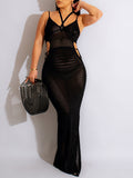 Momnfancy Black Cut Out Side Slit Halter Neck Frenulum Fashion Beach Bodycon Photoshoot Maternity Maxi Dress