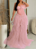 Momnfancy Bandeau Off Shoulder Feather Tulle Tutu Grenadine Photoshoo Maternity Maxi Dress