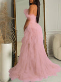 Momnfancy Bandeau Off Shoulder Feather Tulle Tutu Grenadine Photoshoo Maternity Maxi Dress