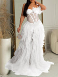 Momnfancy Bandeau Off Shoulder Feather Tulle Tutu Grenadine Photoshoo Maternity Maxi Dress